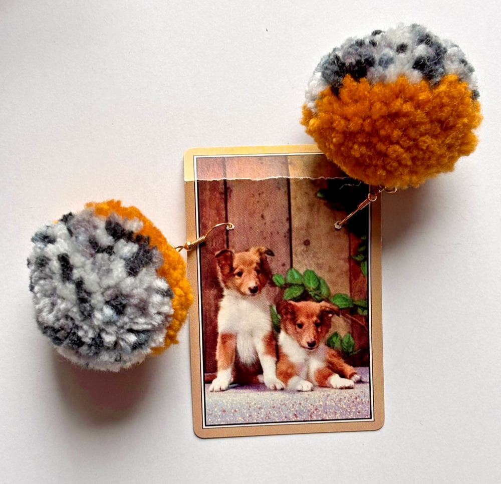 Pom Pom Earrings Handmade Yarn Mustard Gray Two Tone Boho Emdenmakes Statement